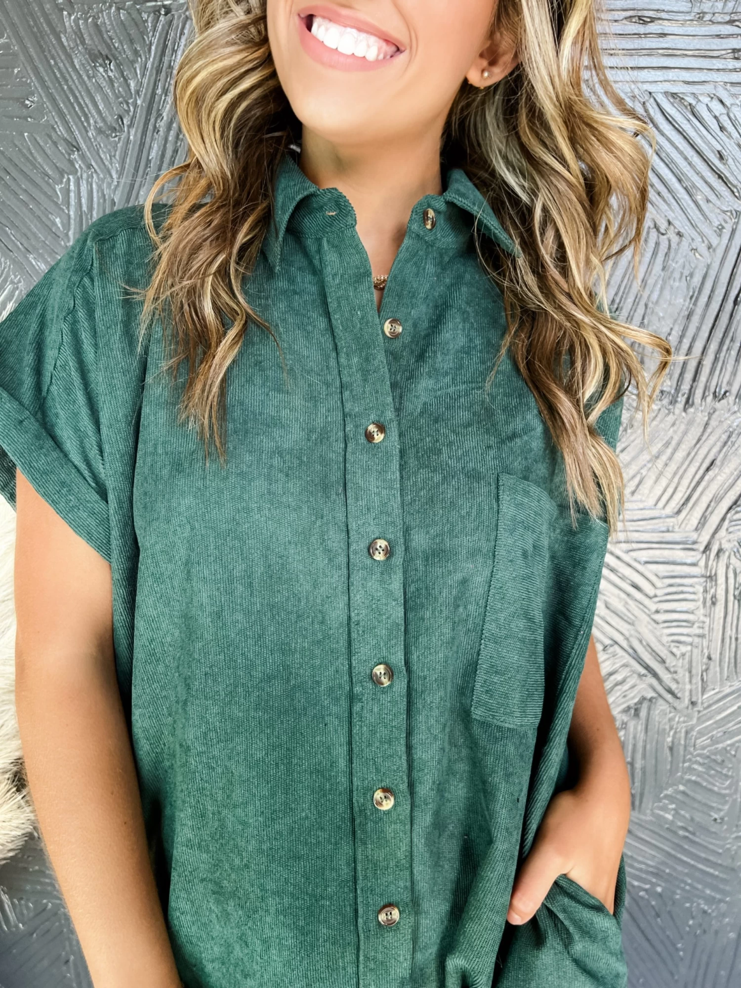One And Only Corduroy Button Down Dress- Forest 3 One And Only Corduroy Button Down Dress- Forest - Image 3
