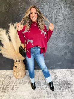 Wild Cheetah Mock Neck Side Slit Sweater- Burgundy