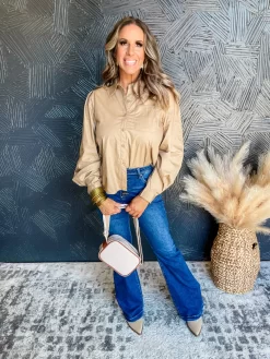 Working Nine To Five Puff Sleeve Button Down Top- Taupe