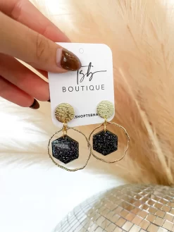 Open Circle W/Hexagon Dangle Earrings- Gunmetal
