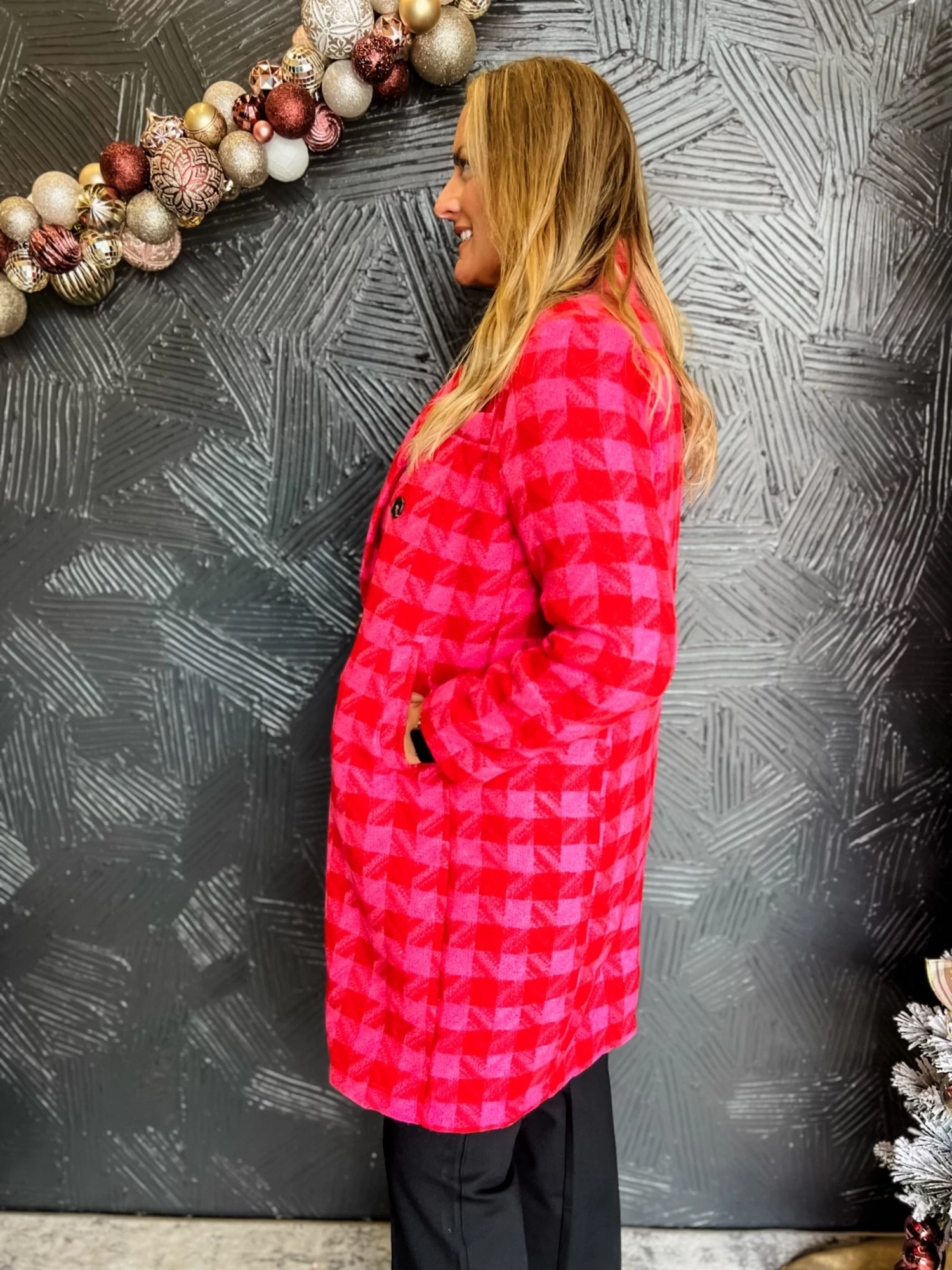 Girl With A Long Jacket Oversized Tweed Button Coat- Pink/Red 3 Girl With A Long Jacket Oversized Tweed Button Coat- Pink/Red - Image 3