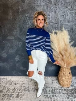 The Sweetest Thing Mock Neck Stripe Knit Sweater- Navy