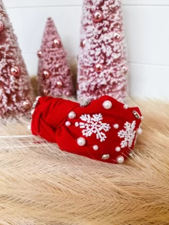 Snowflakes And Pearls Beaded Headband- Red