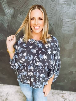 Clara Two Tone Leaf Print Balloon Sleeve Top