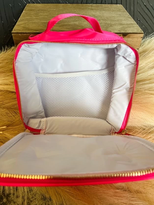 Embroidered Nylon Lunch Tote - Hot Pink 3 Embroidered Nylon Lunch Tote - Hot Pink - Image 3