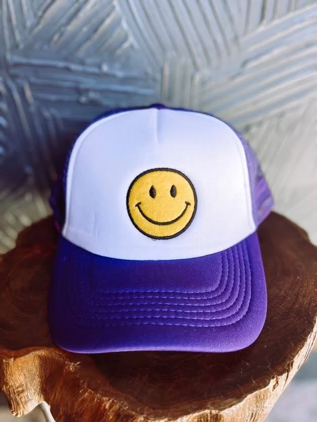Happy Face Trucker Cap- Purple 1 Happy Face Trucker Cap- Purple