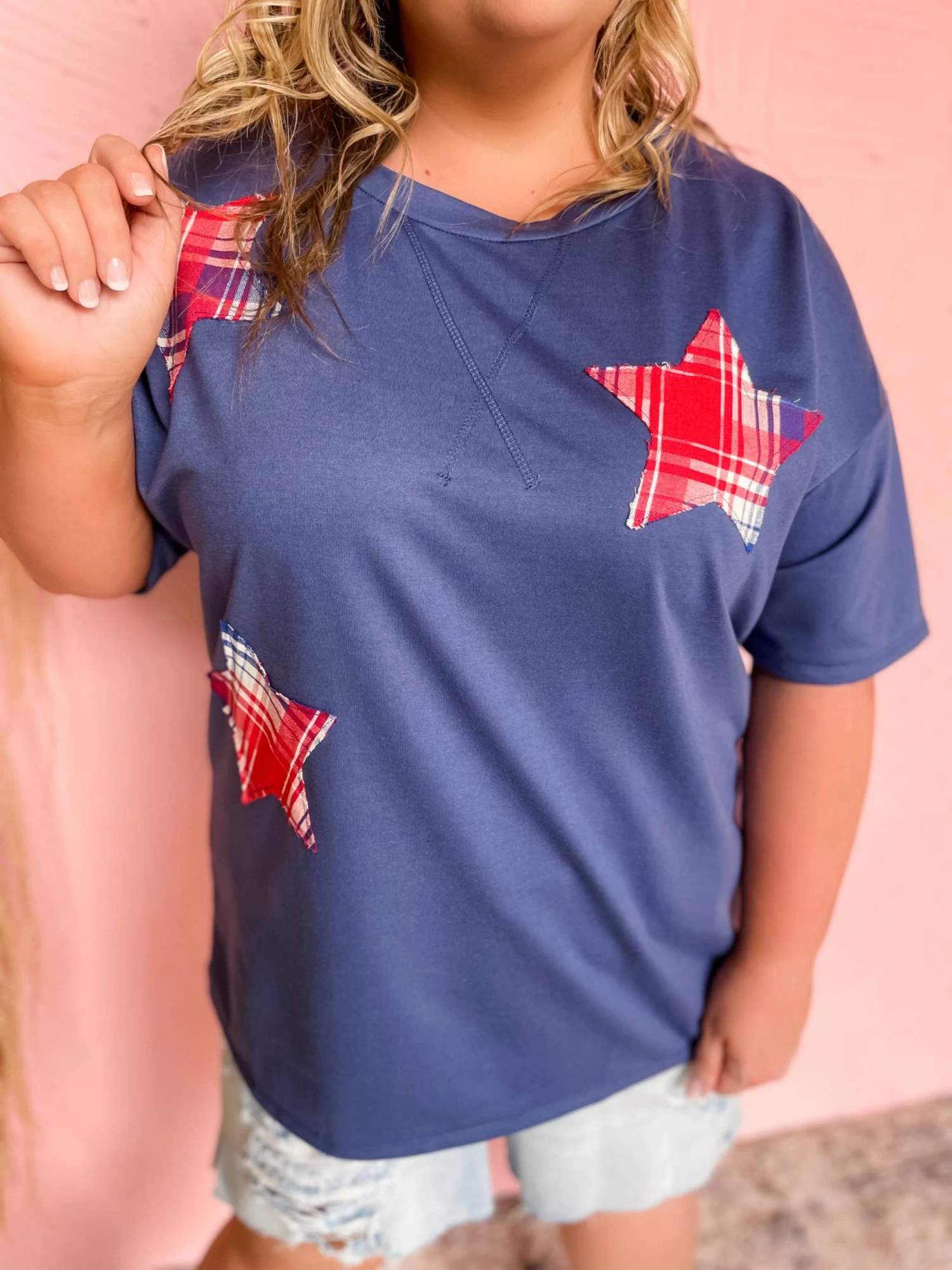 Vintage Plaid Star Patchwork Top- Denim Blue 2 Vintage Plaid Star Patchwork Top- Denim Blue - Image 2