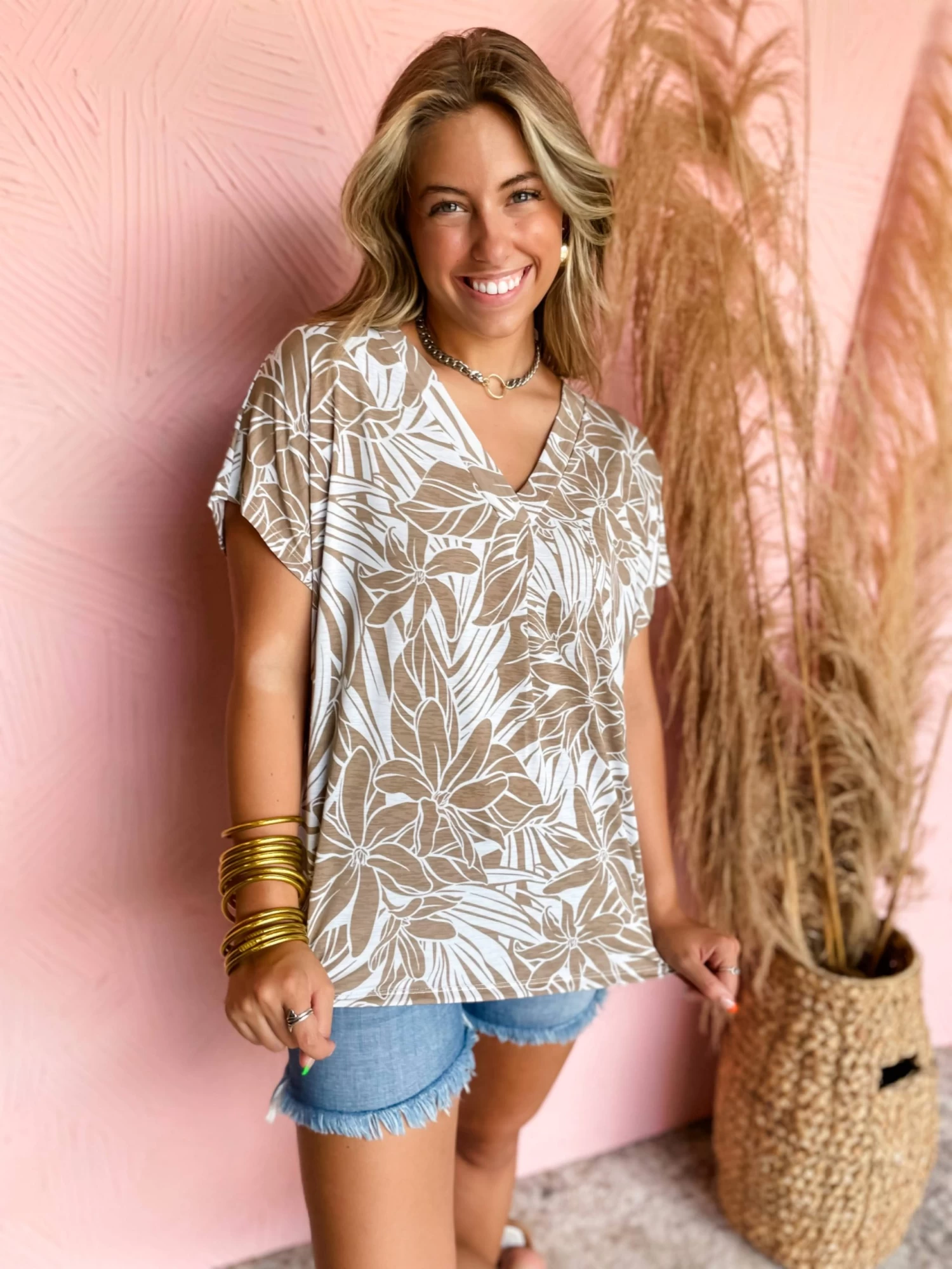 Taupe Tropical Leaf Dolman Knit Top 3 Taupe Tropical Leaf Dolman Knit Top - Image 3