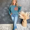 Close To Home Flower Sweater- Teal/Amber