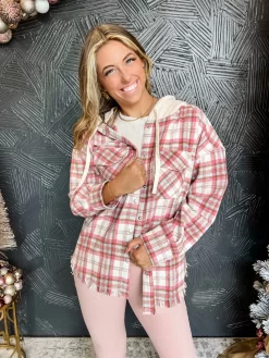 How Sweet It Is Frayed Hem Hooded Plaid Jacket- Pink