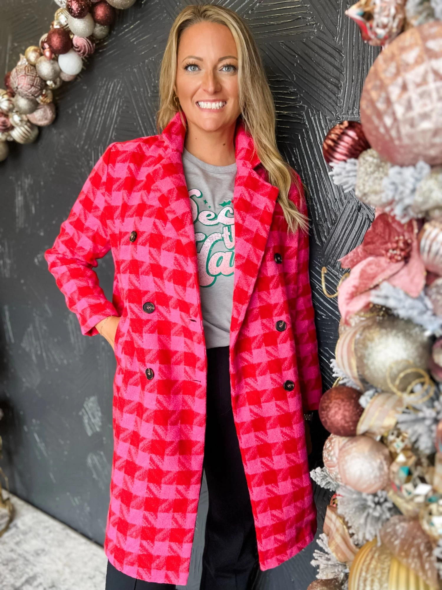 Girl With A Long Jacket Oversized Tweed Button Coat- Pink/Red 2 Girl With A Long Jacket Oversized Tweed Button Coat- Pink/Red - Image 2