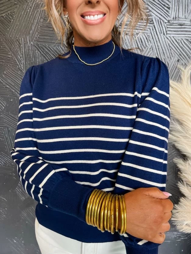 The Sweetest Thing Mock Neck Stripe Knit Sweater- Navy 5 The Sweetest Thing Mock Neck Stripe Knit Sweater- Navy - Image 5