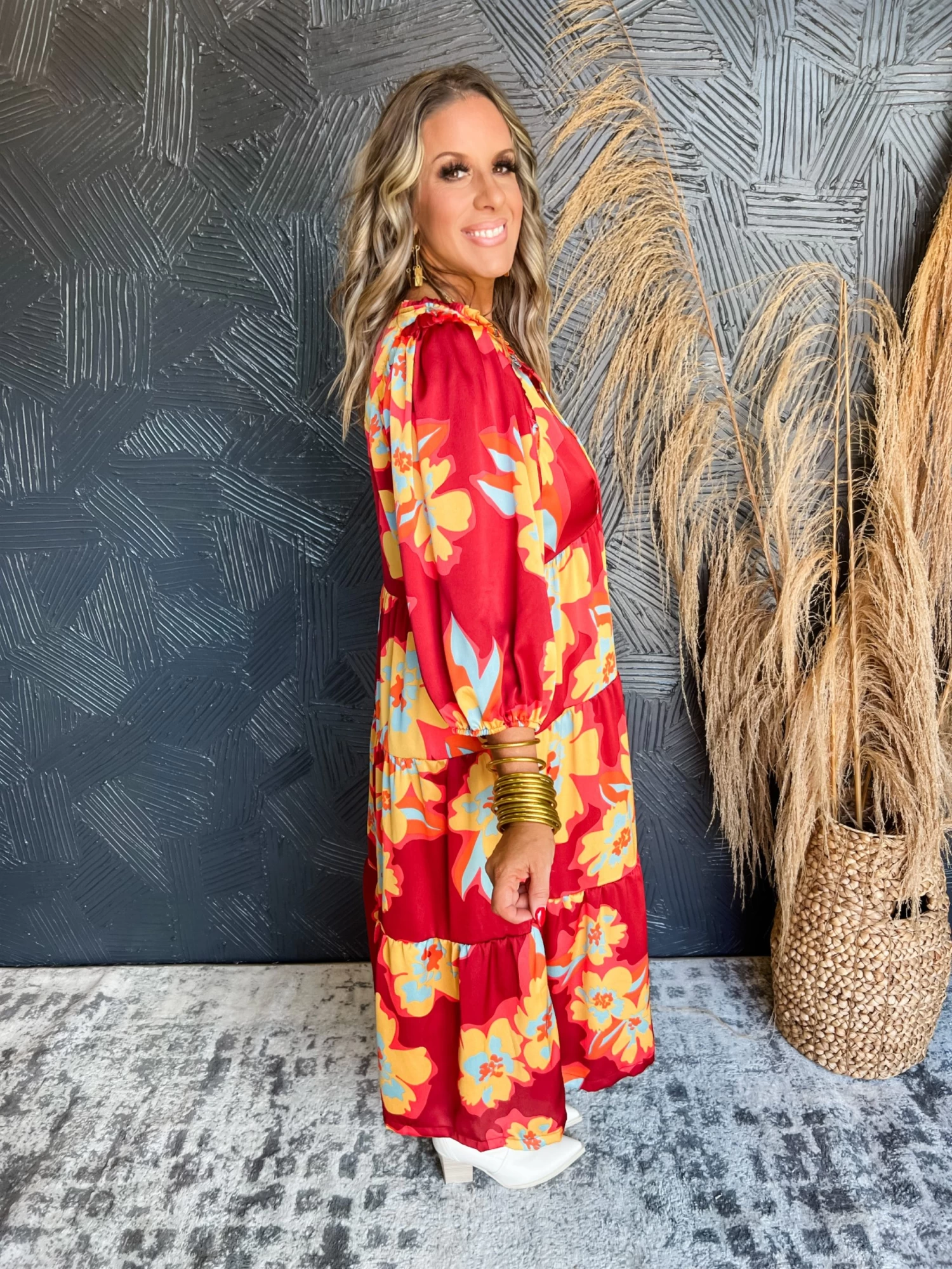 Our Love Story Satin Floral Midi Dress- Rouge 2 Our Love Story Satin Floral Midi Dress- Rouge - Image 2