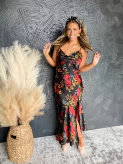 Date Night Floral Satin Split Dress- Black