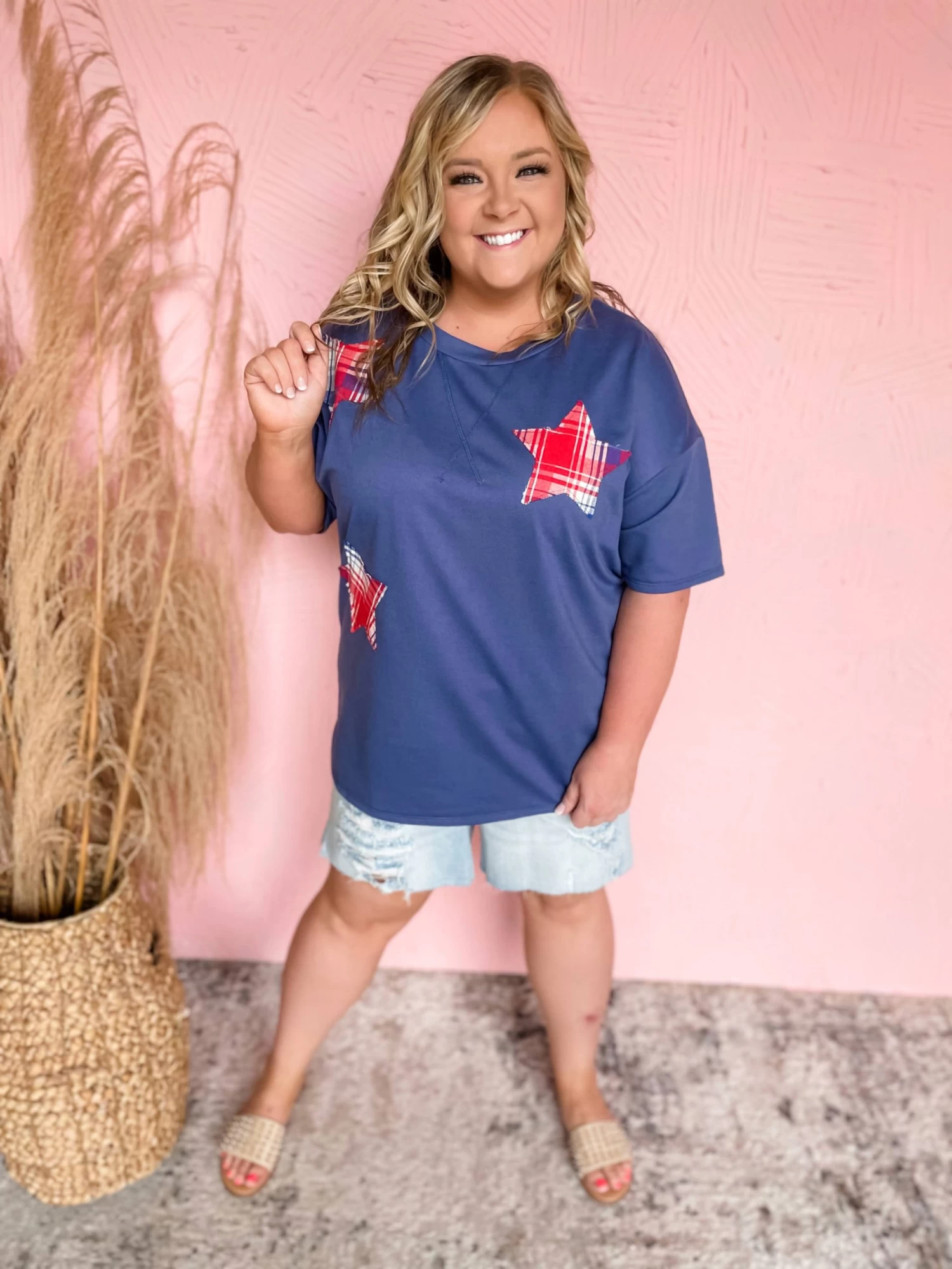 Vintage Plaid Star Patchwork Top- Denim Blue 3 Vintage Plaid Star Patchwork Top- Denim Blue - Image 3