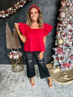 Secret Admirer Square Neck Peplum Top- Red