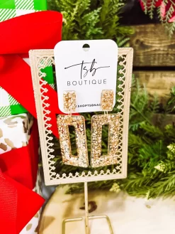 Glitter Open Rectangle Earrings- Gold Crushed Glass