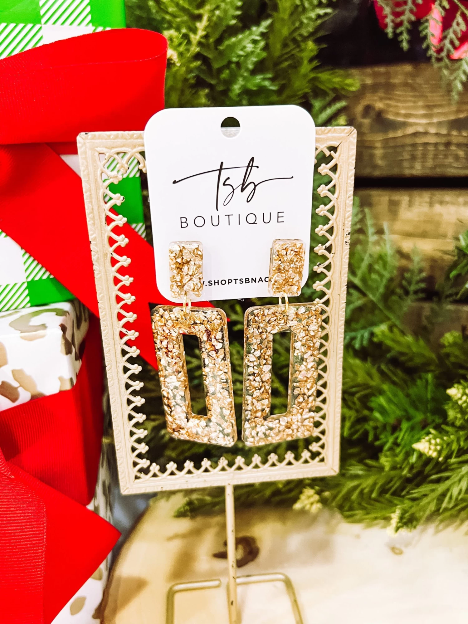 Glitter Open Rectangle Earrings- Gold Crushed Glass 1 Glitter Open Rectangle Earrings- Gold Crushed Glass