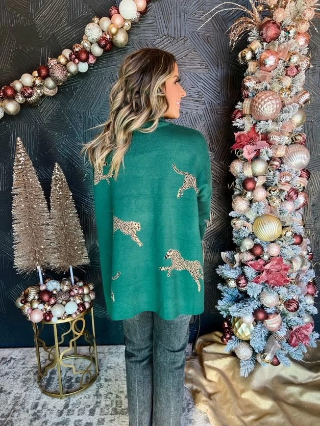 Wild Cheetah Mock Neck Side Slit Sweater- Green 3 Wild Cheetah Mock Neck Side Slit Sweater- Green - Image 3