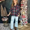 Heartwarming Moments Plaid Button Up Top- Navy