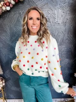 Too Cute Rainbow Pom Pom Mock Neck Sweater- Cream