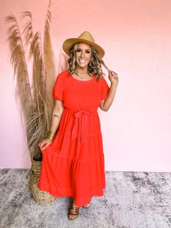 Pretty In Red Balloon Sleeve Dress