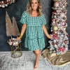 Classic Houndstooth Puff Sleeve Dress- Green