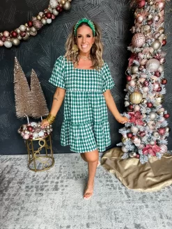 Classic Houndstooth Puff Sleeve Dress- Green