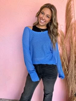 Enjoy The View Eyelet Sweater- Denim -Fashion Clothing Store f5c133d92b72db757ed9faa52ade91d2