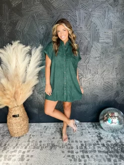Fashion Clothing Store 23 One And Only Corduroy Button Down Dress- Forest