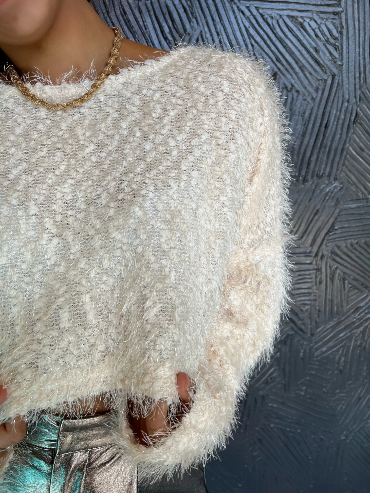 Cream Feather Knit Crop Top 2 Cream Feather Knit Crop Top - Image 2