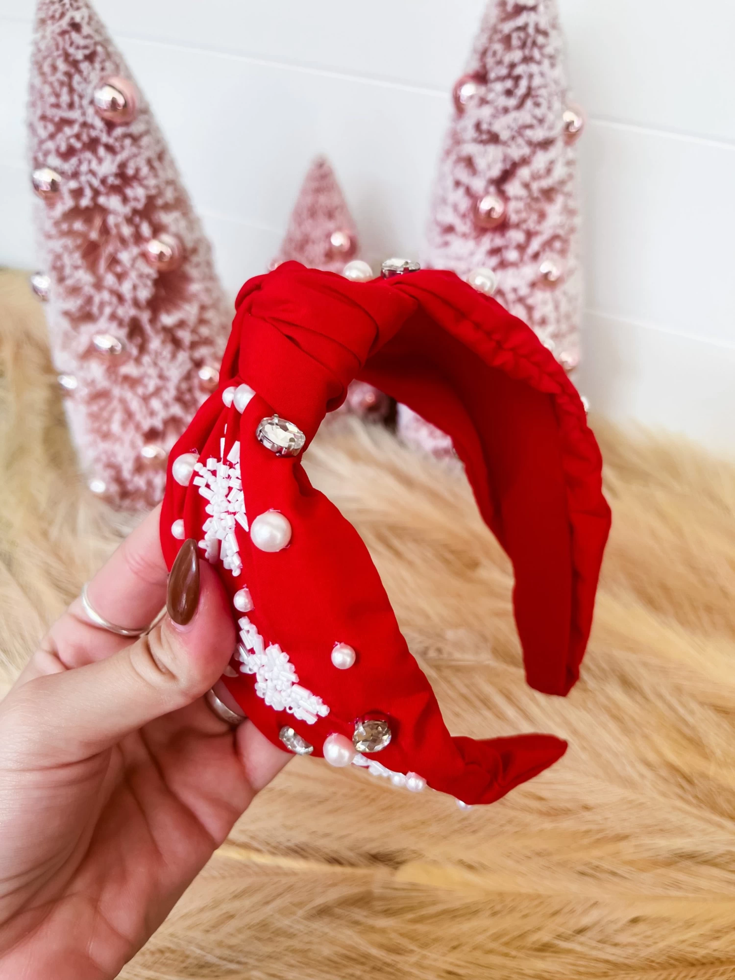 Snowflakes And Pearls Beaded Headband- Red 2 Snowflakes And Pearls Beaded Headband- Red - Image 2