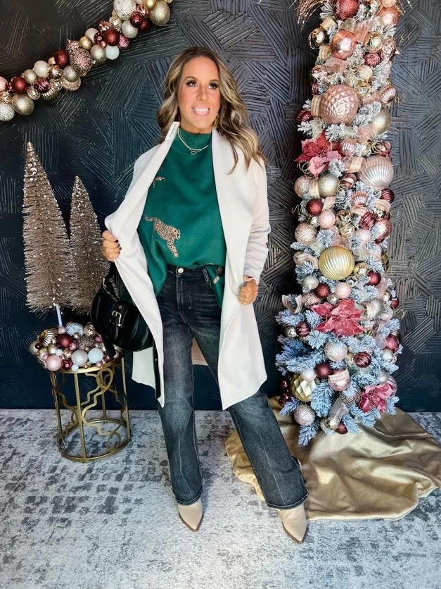 Wild Cheetah Mock Neck Side Slit Sweater- Green 4 Wild Cheetah Mock Neck Side Slit Sweater- Green - Image 4